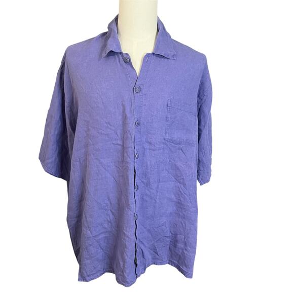FLAX Jeanne Engelhart Purple 100% Linen Lagenlook Button Up Blouse Shirt Sz L - Picture 1 of 6